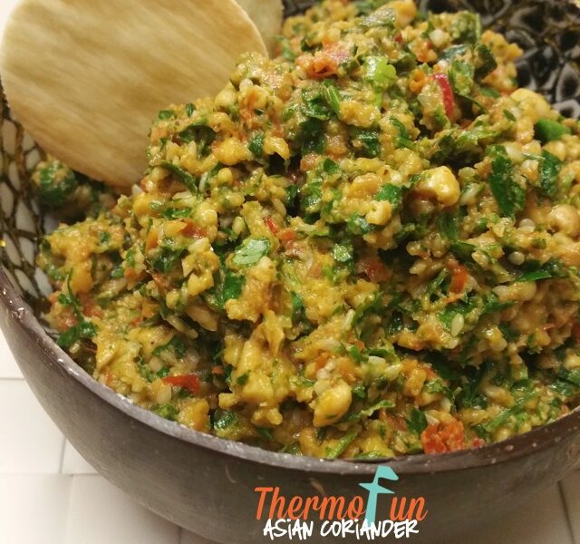 Thermomix Asian coriander and parsley dip in a bowl with crackers