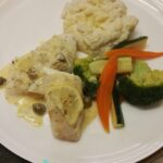 Thermomix Fish with Lemon, Caper Butter Sauce, mashed cauliflower and steamed veg