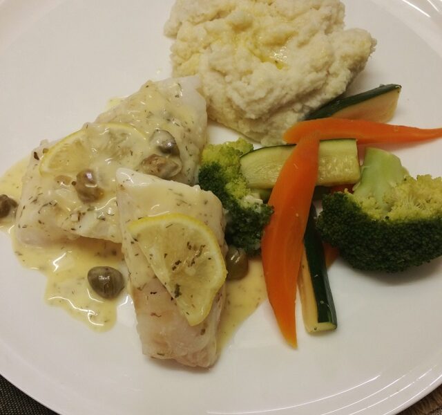 Thermomix Fish with Lemon, Caper Butter Sauce, mashed cauliflower and steamed veg